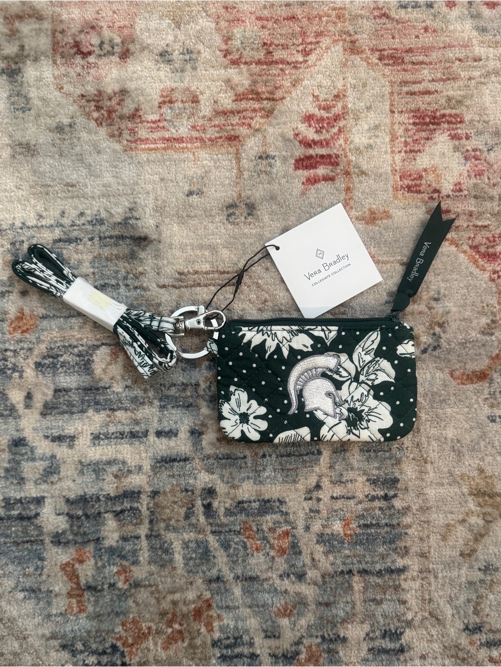 Michigan State Vera Bradley Dark Green Floral Wristlet Key & Card Holder